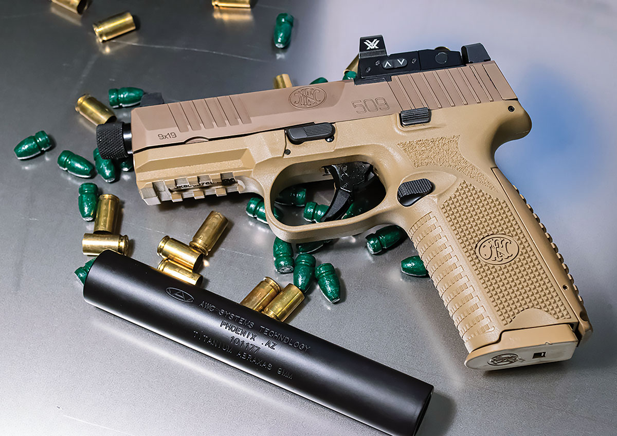 The FN 509 makes for an excellent suppressor host and test platform for subsonic loads. The suppressor used throughout testing was an AWC Systems Titanium Abraxas.